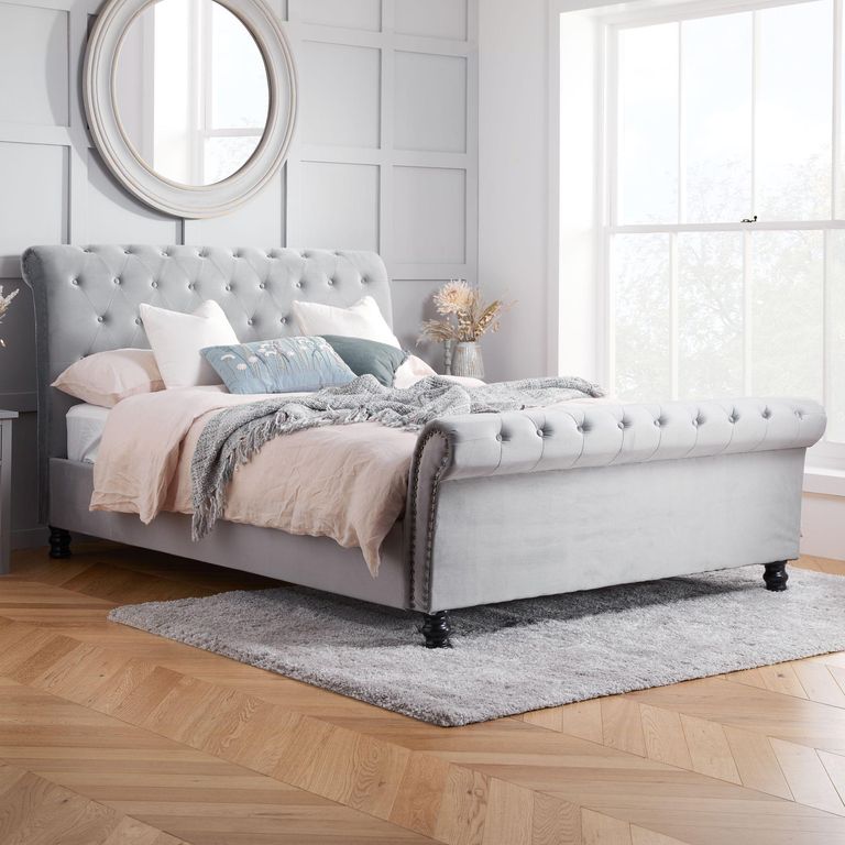 Opulence Bed - Grey Velvet Fabric - Sizes Available