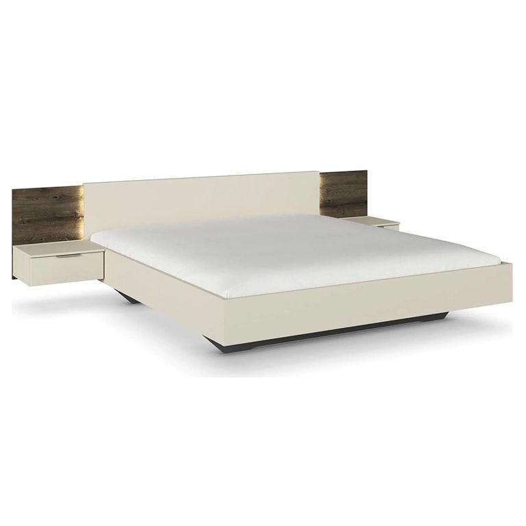 Rauch Marbella 6ft Queen Size Bed with 2 Hanging Bedside Table - Champagne and Atlantic Dark Oak