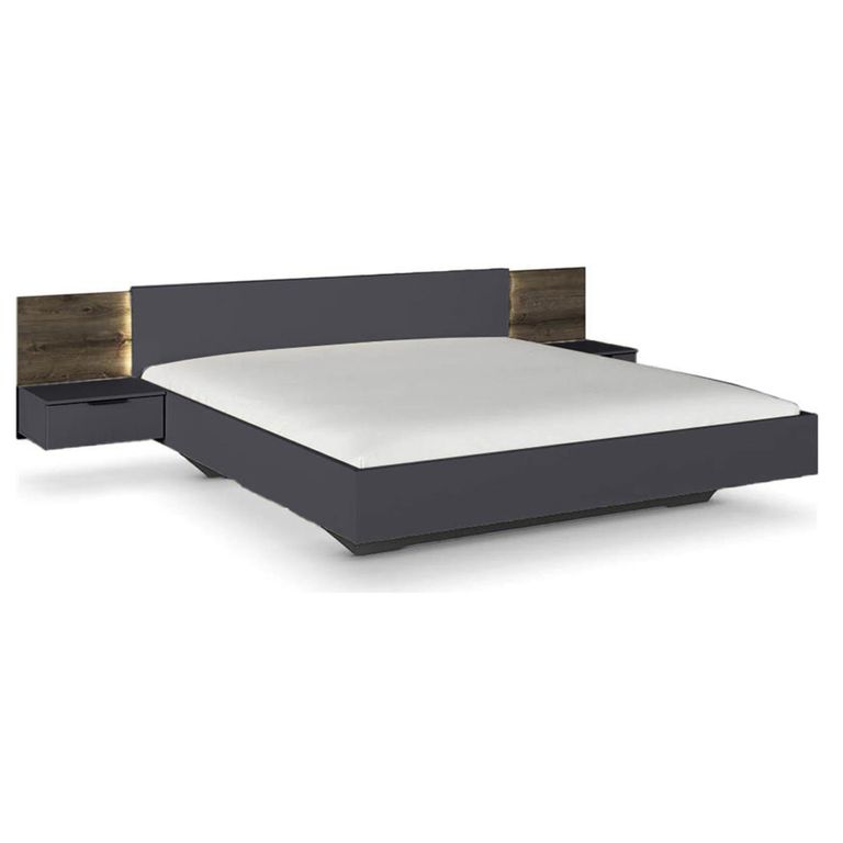 Rauch Marbella 6ft Queen Size Bed with 2 Hanging Bedside Table - Metallic Dark Grey and Atlantic Dark Oak