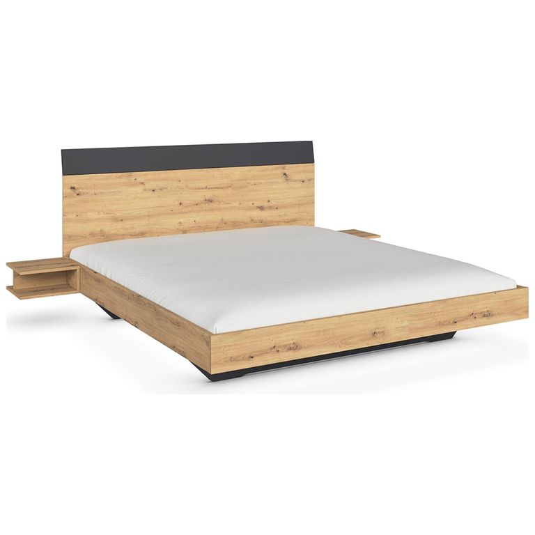 Rauch Monza 6ft Queen Size Bed with 2 Hanging Bedside Table - Artisan Oak and Metallic Dark Grey