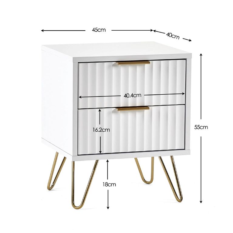 Murano Bedside Cabinet - 2 Drawer - Ribbed - White
