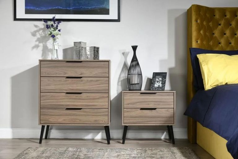 Hong Kong Walnut Effect 2 Drawer Wide Bedside Cabinet with Wooden Legs