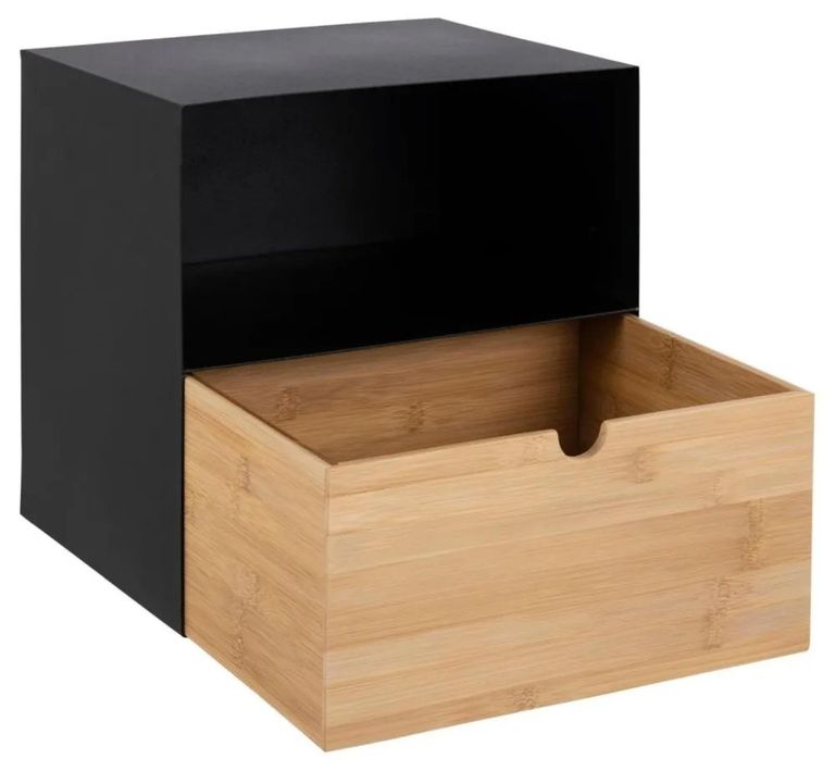 Joliet Bedside Table - 1 Drawer - Floating - Black and Bamboo Wood