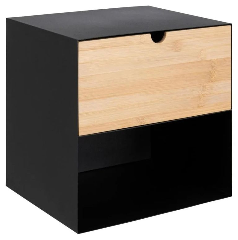 Joliet Bedside Table - 1 Drawer - Floating - Black and Bamboo Wood