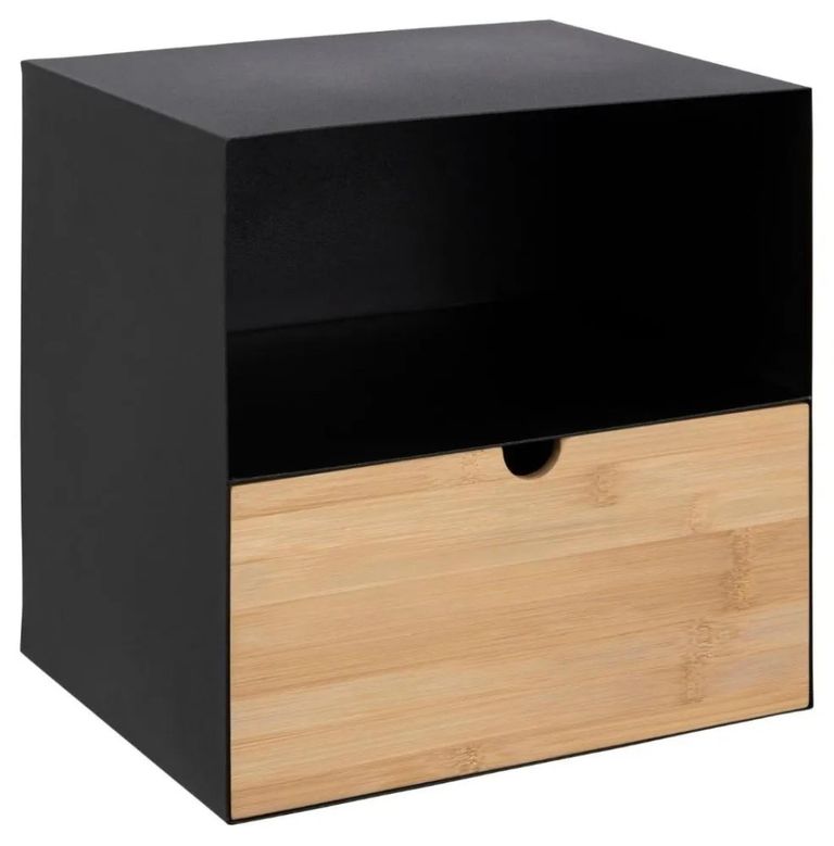 Joliet Bedside Table - 1 Drawer - Floating - Black and Bamboo Wood