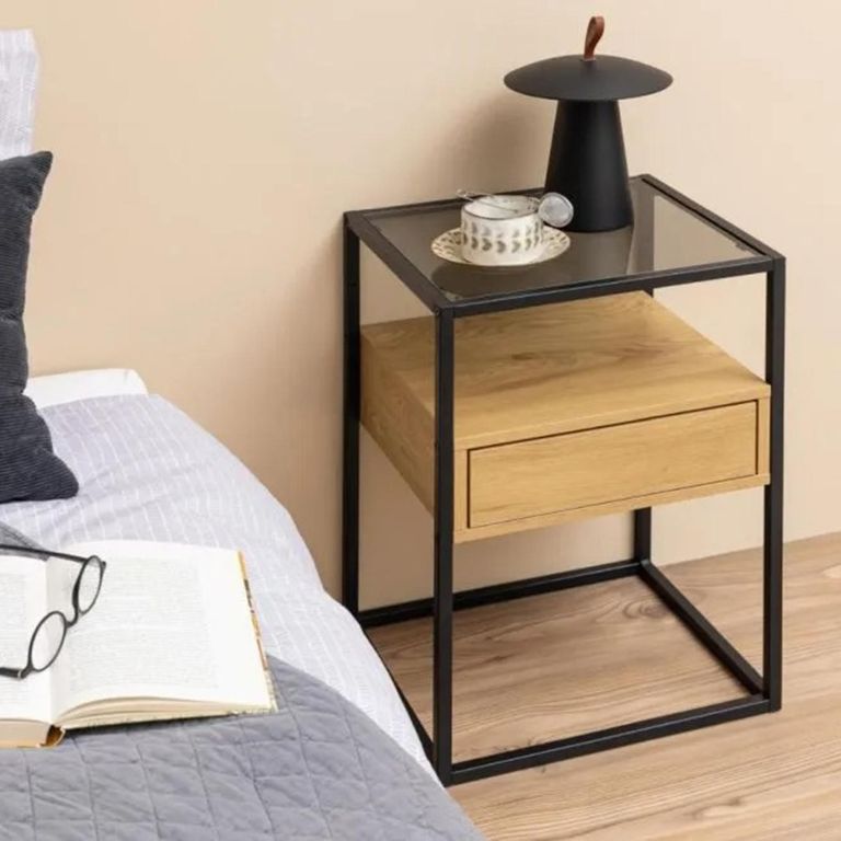 Randolf Bedside Table - 1 Drawer - Oak and Black