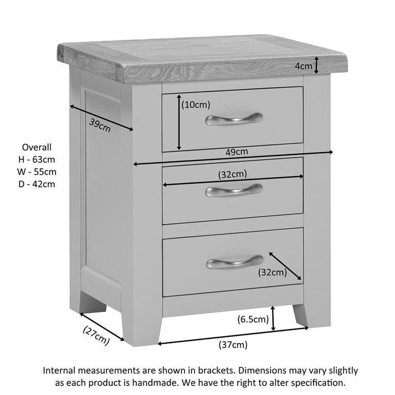 Wilmont Bedside Cabinet - 3 Drawer - Grey Painted