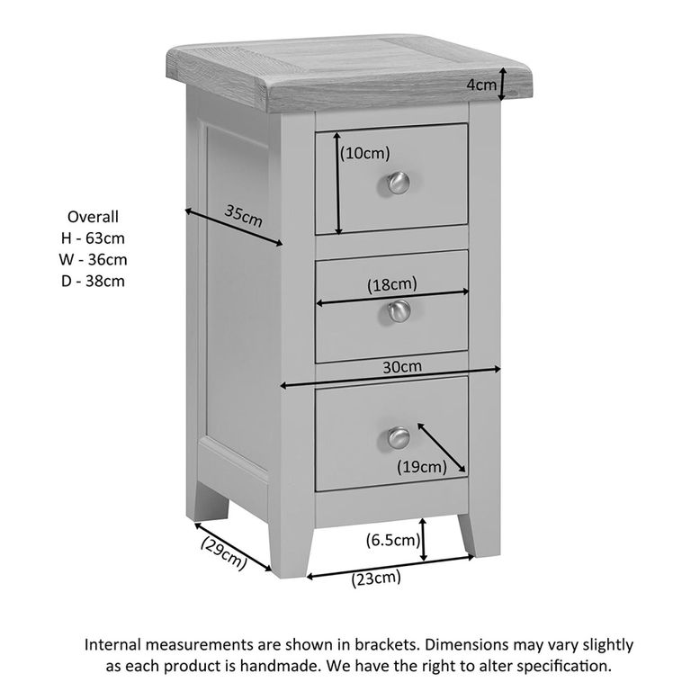 Wilmont Bedside Cabinet - 3 Drawer Compact - Grey Painted