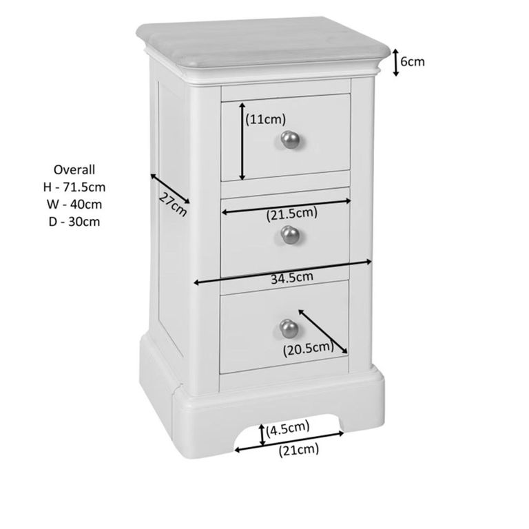 Cromwell Bedside Cabinet - 3 Drawer Compact - Grey Painted