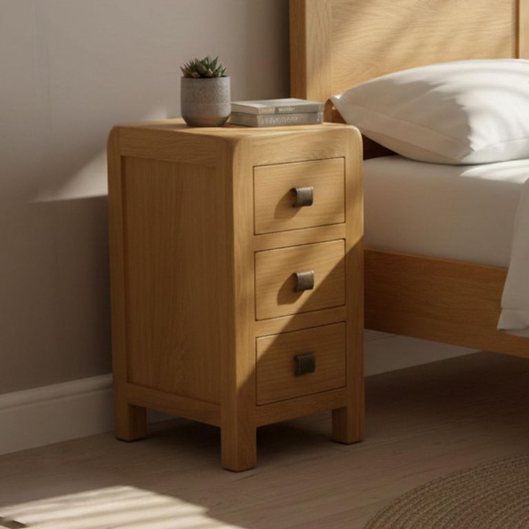 Curve Bedside Cabinet - 3 Drawer Compact - Oak