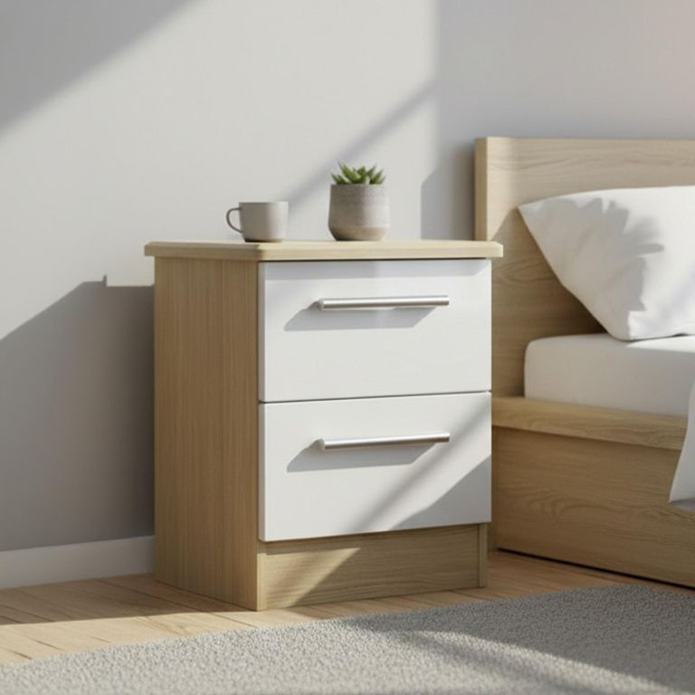 Knightsbridge White Gloss and Light Oak 2 Drawer Bedside Cabinet
