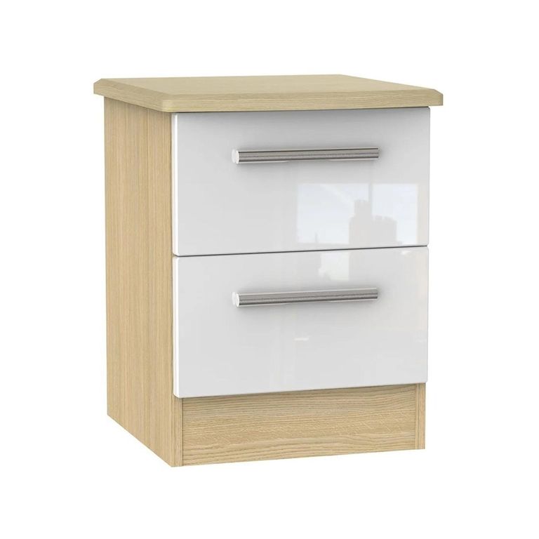 Knightsbridge White Gloss and Light Oak 2 Drawer Bedside Cabinet