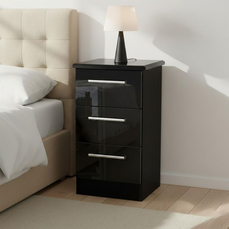 Knightsbridge Bedside Cabinet - 3 Drawer - Black Gloss
