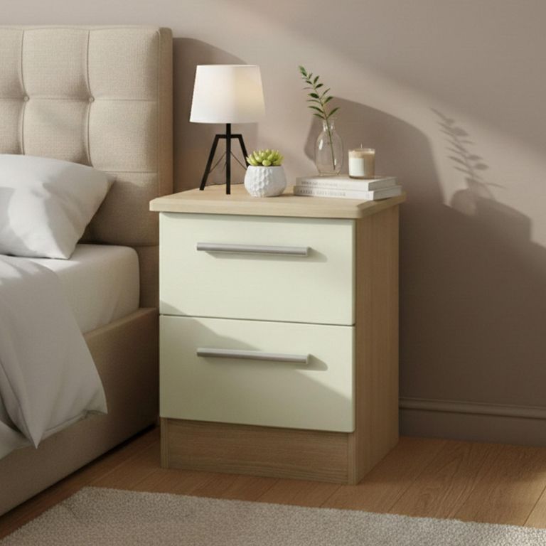 Knightsbridge Bedside Cabinet - 2 Drawer - Cream Gloss and Light Oak