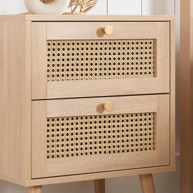 Clearance - Croxley Bedside Cabinet - 2 Drawer - Oak and Rattan - FSS16883