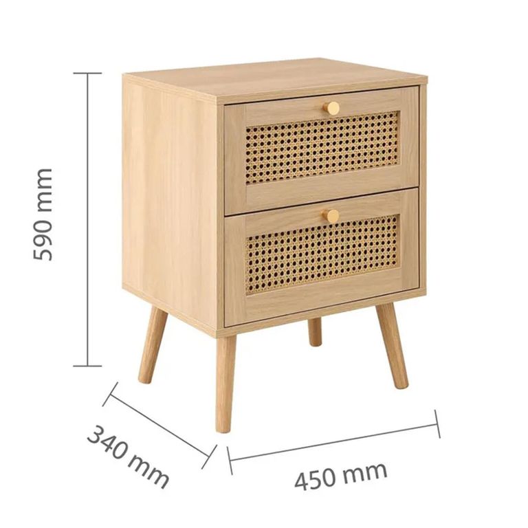 Clearance - Croxley Bedside Cabinet - 2 Drawer - Oak and Rattan - FSS16883