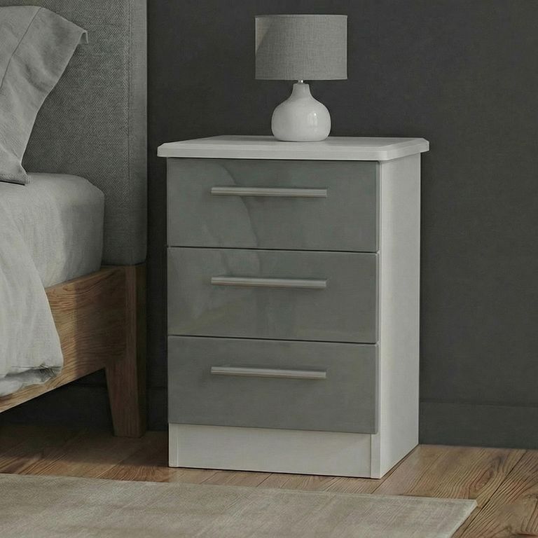Knightsbridge Bedside Cabinet - 3 Drawer - Grey Gloss and White