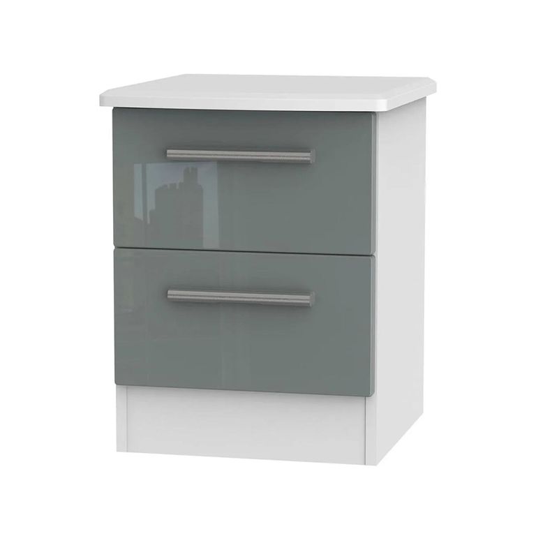 Knightsbridge Bedside Cabinet - 2 Drawer - Grey Gloss and White