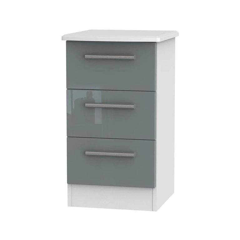 Knightsbridge Bedside Cabinet - 3 Drawer - Grey Gloss and White