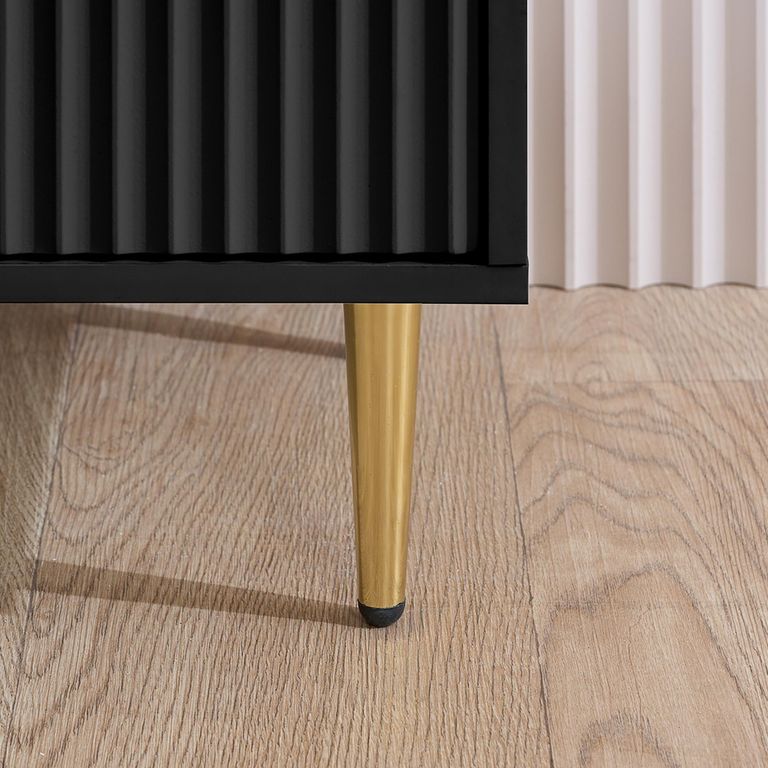 Zara Bedside Table - 2 Drawer - Fluted - Black - Gold Legs