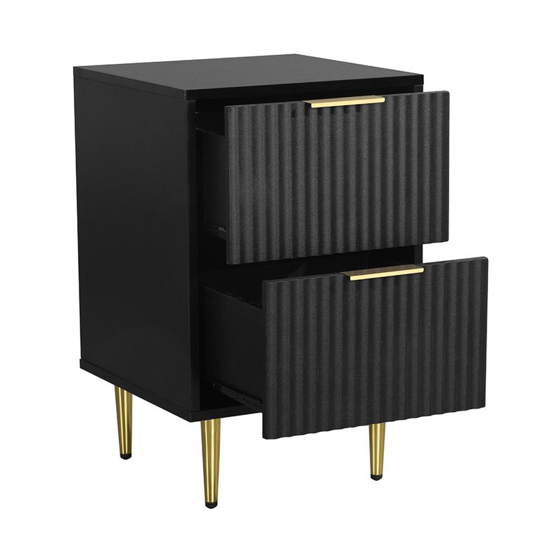 Zara Bedside Table - 2 Drawer - Fluted - Black - Gold Legs