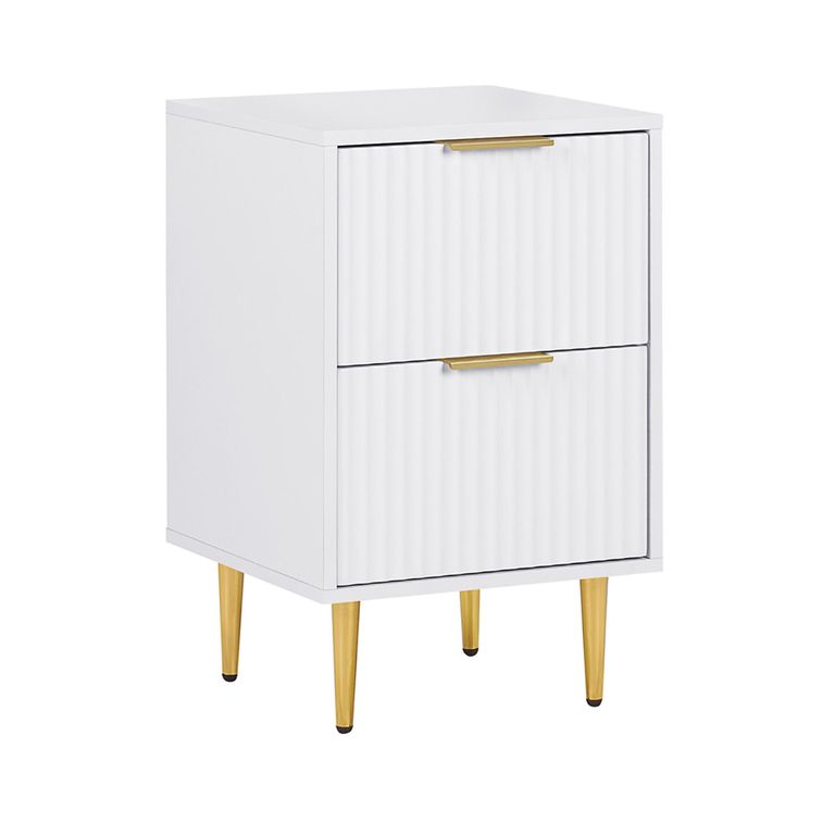 Zara Bedside Table - 2 Drawer - Fluted - White - Gold Legs