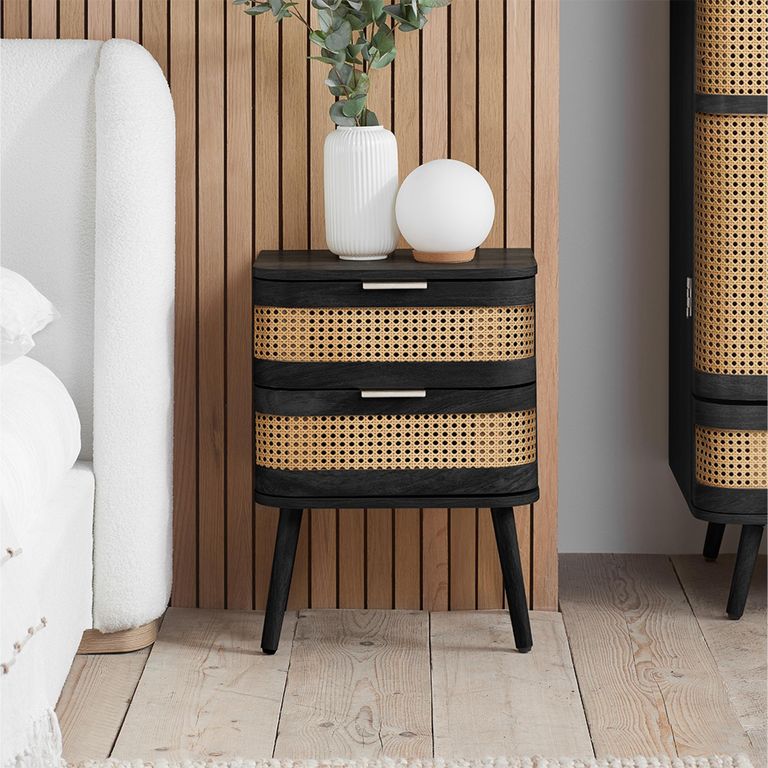 Noah Curved Bedside Table - 2 Drawer - Black and Rattan