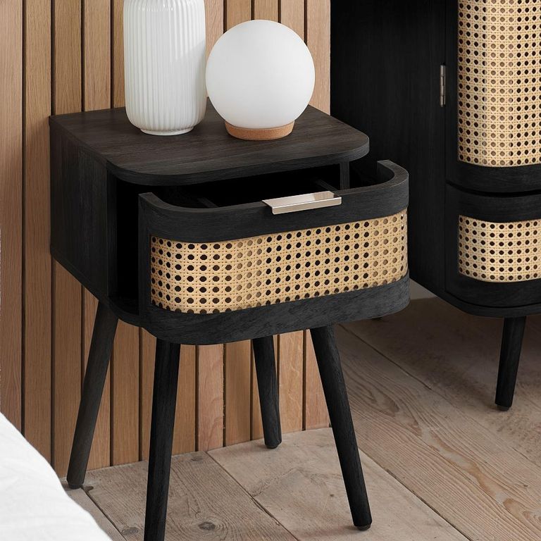 Noah Curved Bedside Table - 1 Drawer - Black and Rattan
