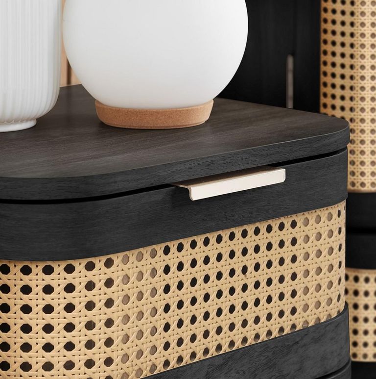 Noah Curved Bedside Table - 1 Drawer - Black and Rattan