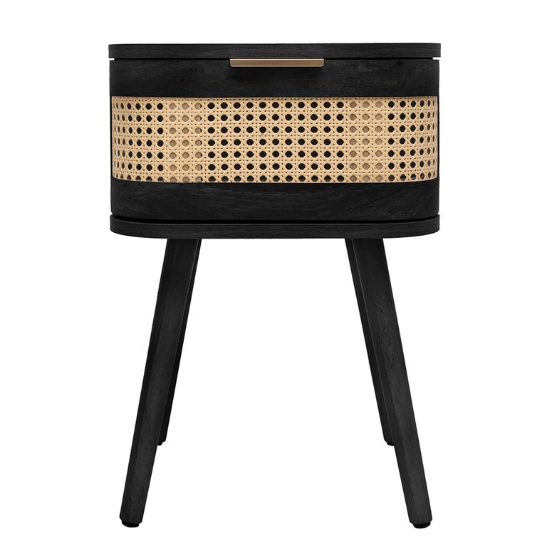 Noah Curved Bedside Table - 1 Drawer - Black and Rattan
