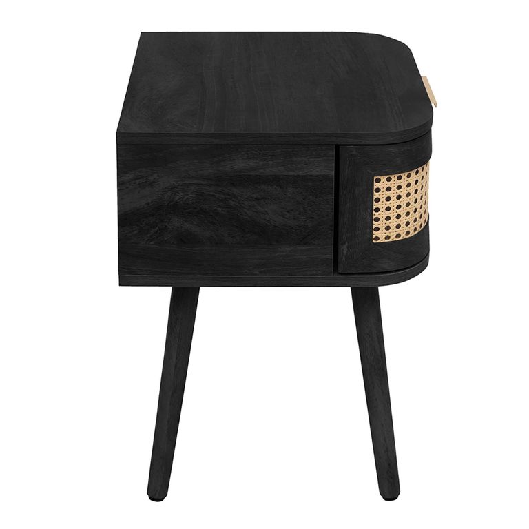 Noah Curved Bedside Table - 1 Drawer - Black and Rattan