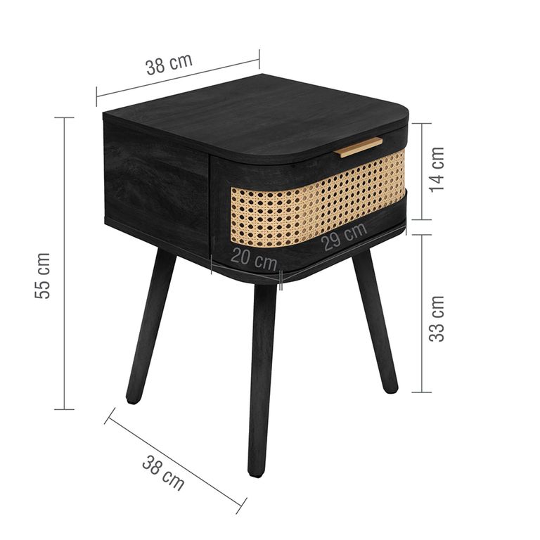 Noah Curved Bedside Table - 1 Drawer - Black and Rattan