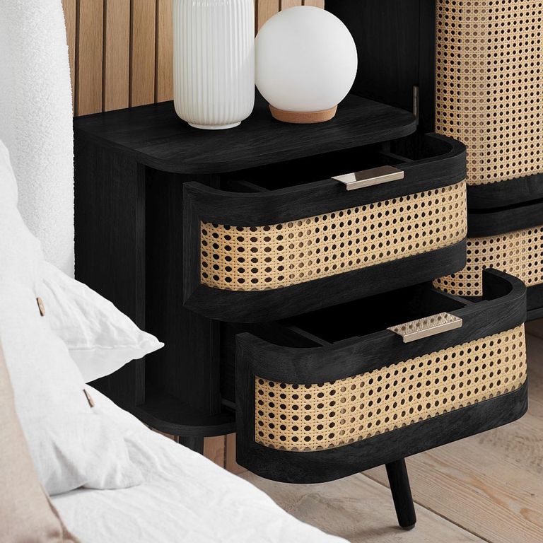 Noah Curved Bedside Table - 2 Drawer - Black and Rattan
