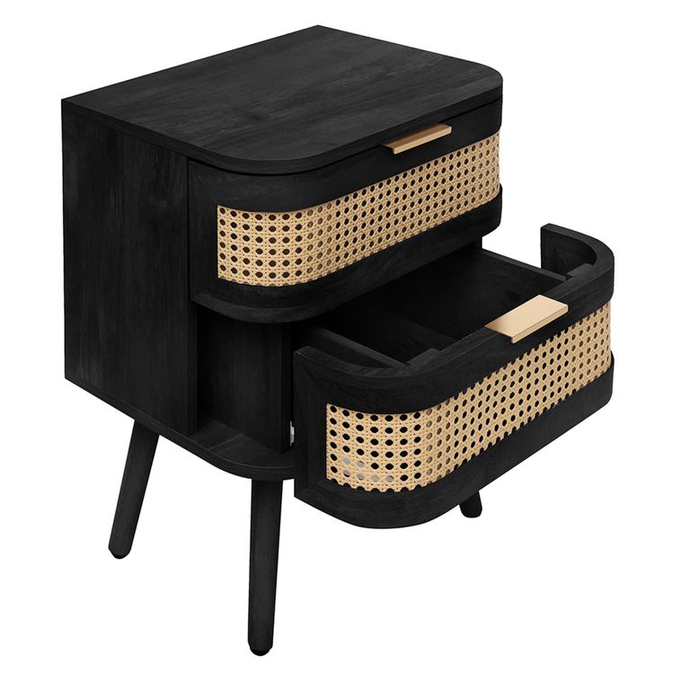 Noah Curved Bedside Table - 2 Drawer - Black and Rattan