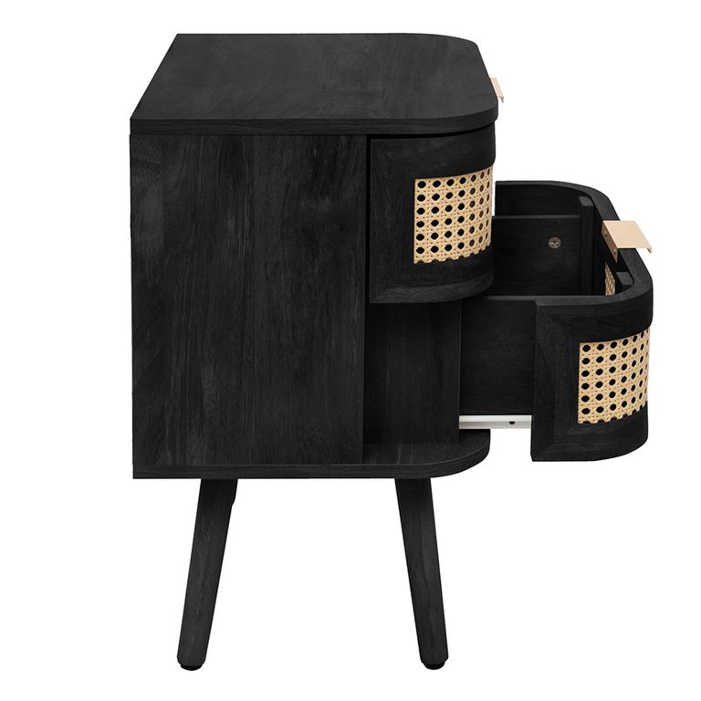 Noah Curved Bedside Table - 2 Drawer - Black and Rattan