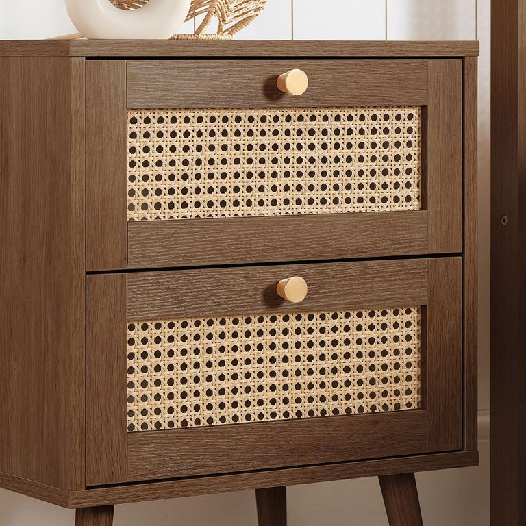 Croxley Bedside Cabinet - 2 Drawer - Walnut and Rattan