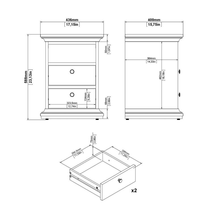 Paris Bedside Cabinet - 2 Drawer - White