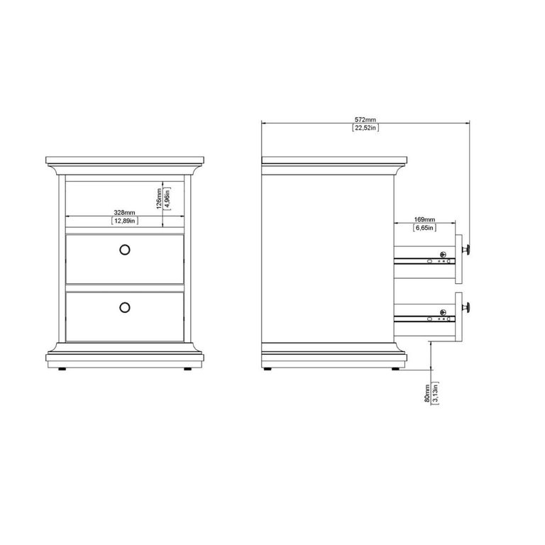 Paris Bedside Cabinet - 2 Drawer - White