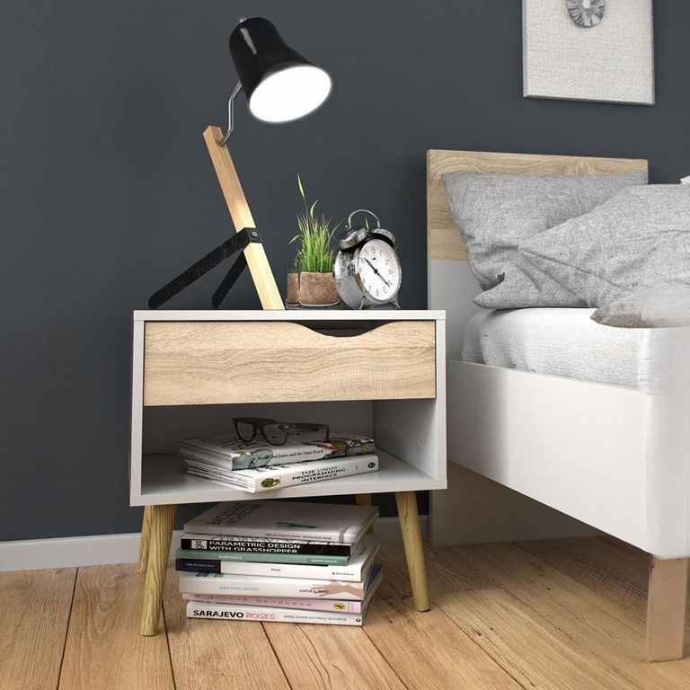 Oslo Bedside Table - 1 Drawer - White and Oak