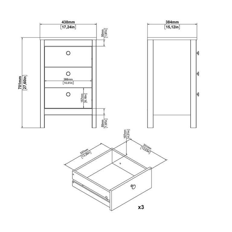 Barcelona Bedside Table - 3 Drawer - Jackson Hickory Oak