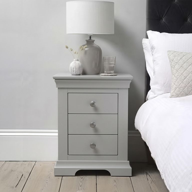 Paisley Bedside Cabinet - 3 Drawer - Grey Painted
