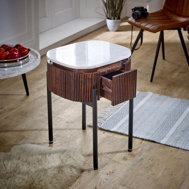 Opal Fluted Bedside Table - 1 Drawer - White Marble Top - Mango Wood