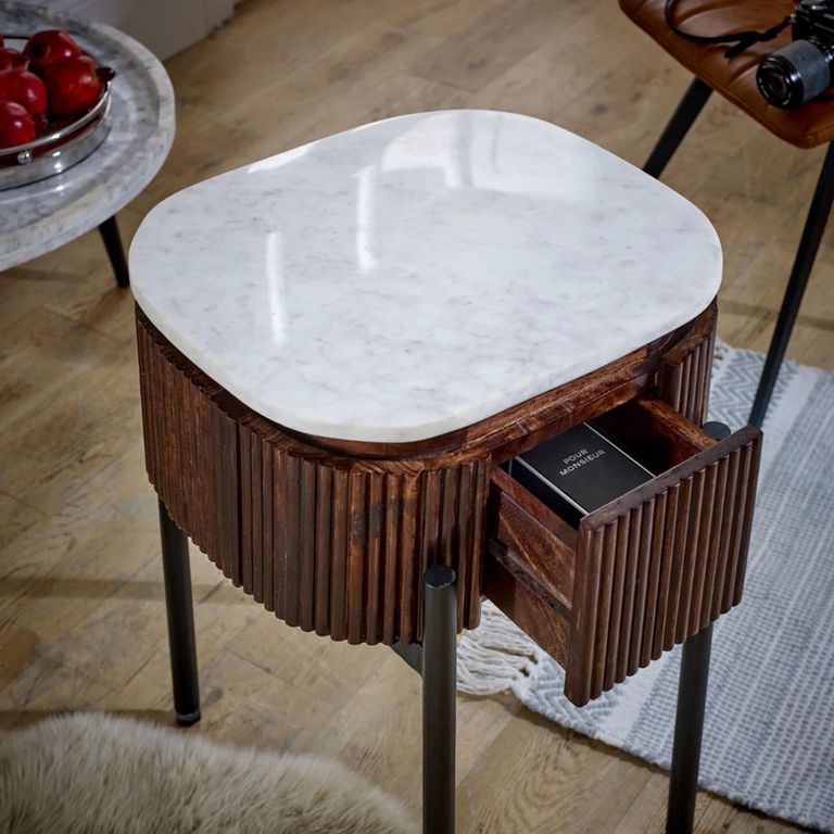 Opal Fluted Bedside Table - 1 Drawer - White Marble Top - Mango Wood