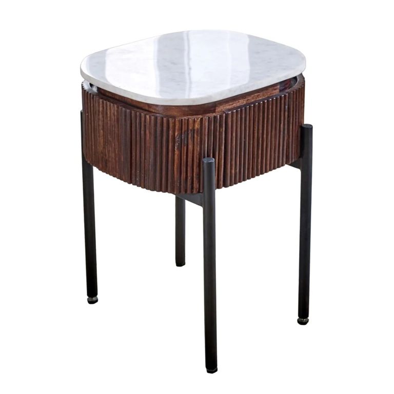 Opal Fluted Bedside Table - 1 Drawer - White Marble Top - Mango Wood