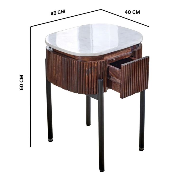 Opal Fluted Bedside Table - 1 Drawer - White Marble Top - Mango Wood