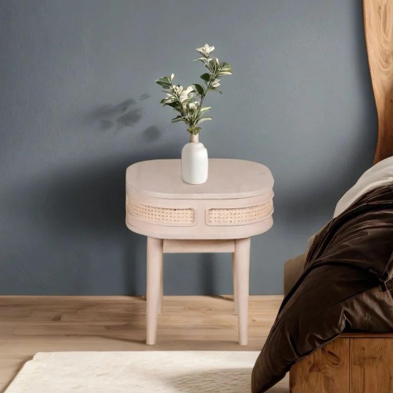 Valencia Bedside Table - Curved - Natural Rattan and Mango Wood