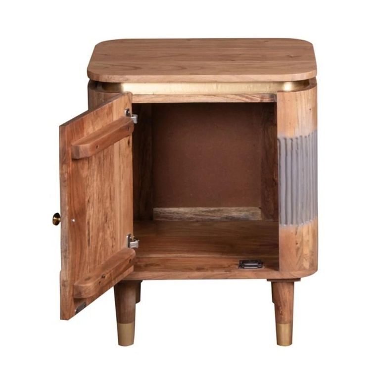 Wilton Bedside Table - 1 Door - Ribbed - Gold Trim - Acacia Wood