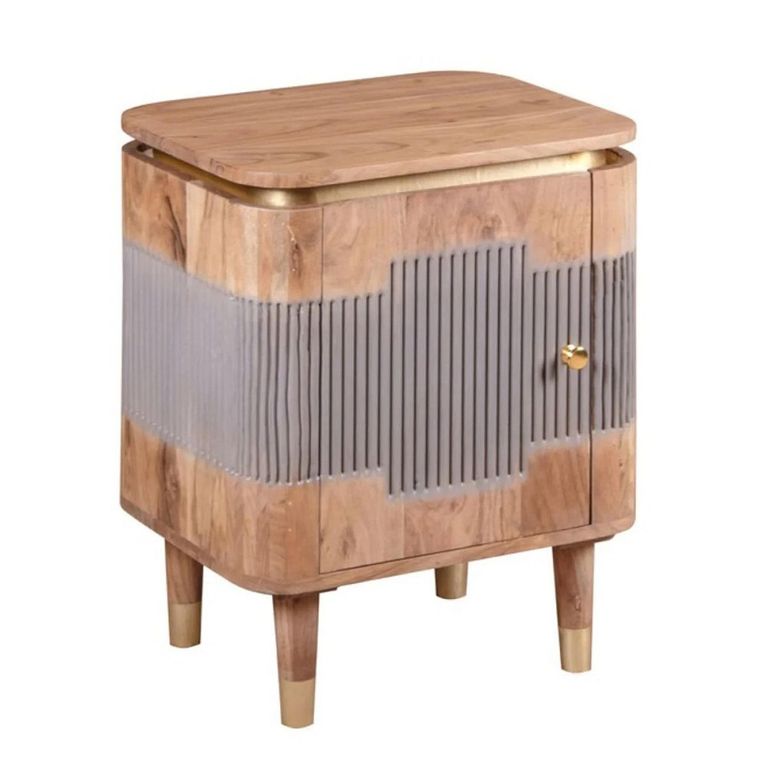 Wilton Bedside Table - 1 Door - Ribbed - Gold Trim - Acacia Wood