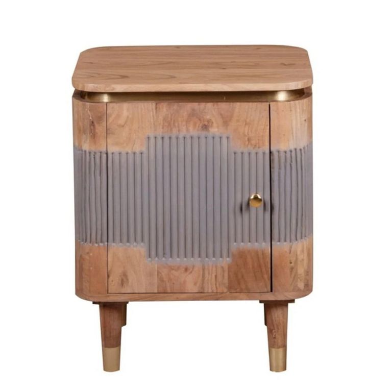 Wilton Bedside Table - 1 Door - Ribbed - Gold Trim - Acacia Wood