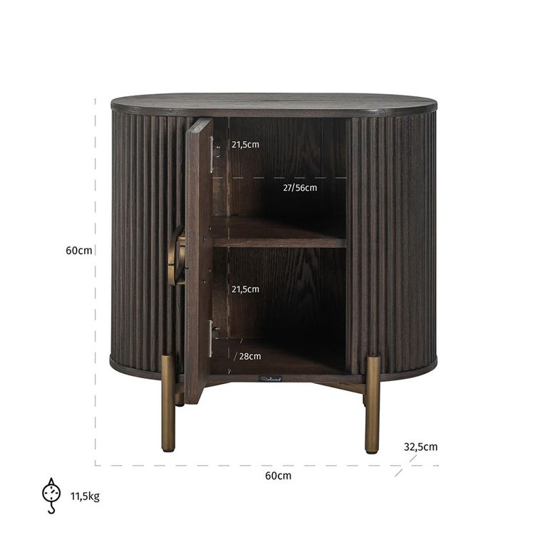 Luxor Brushed Brass Ribbed 1 Door Curved Bedside Cabinet